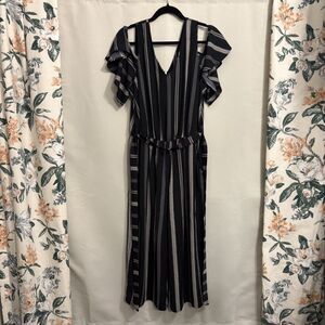 Eye Shadow Womens XL Striped Jumpsuit Belted Wide Leg Cropped Ruffle Sleeve